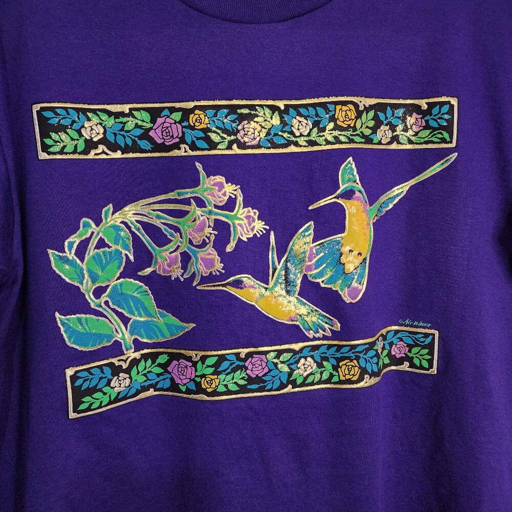 Vtg 90s Jerzees USA Air Waves Womens Large Royal Purple Hummingbird Gold T-shirt - Picture 4 of 9